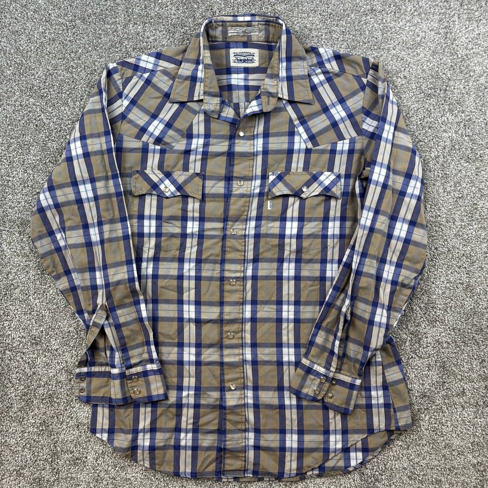 Vintage Levis Pearl Snap Shirt Mens M Blue Plaid Western Cowboy‎ Regular Fit